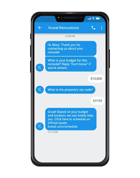 A phone screen showing Textel's Textbot that can respond to user inquiries via text