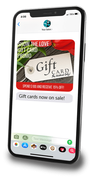 A phone showing a gift card promotion text message that was sent out to a large group via Textel